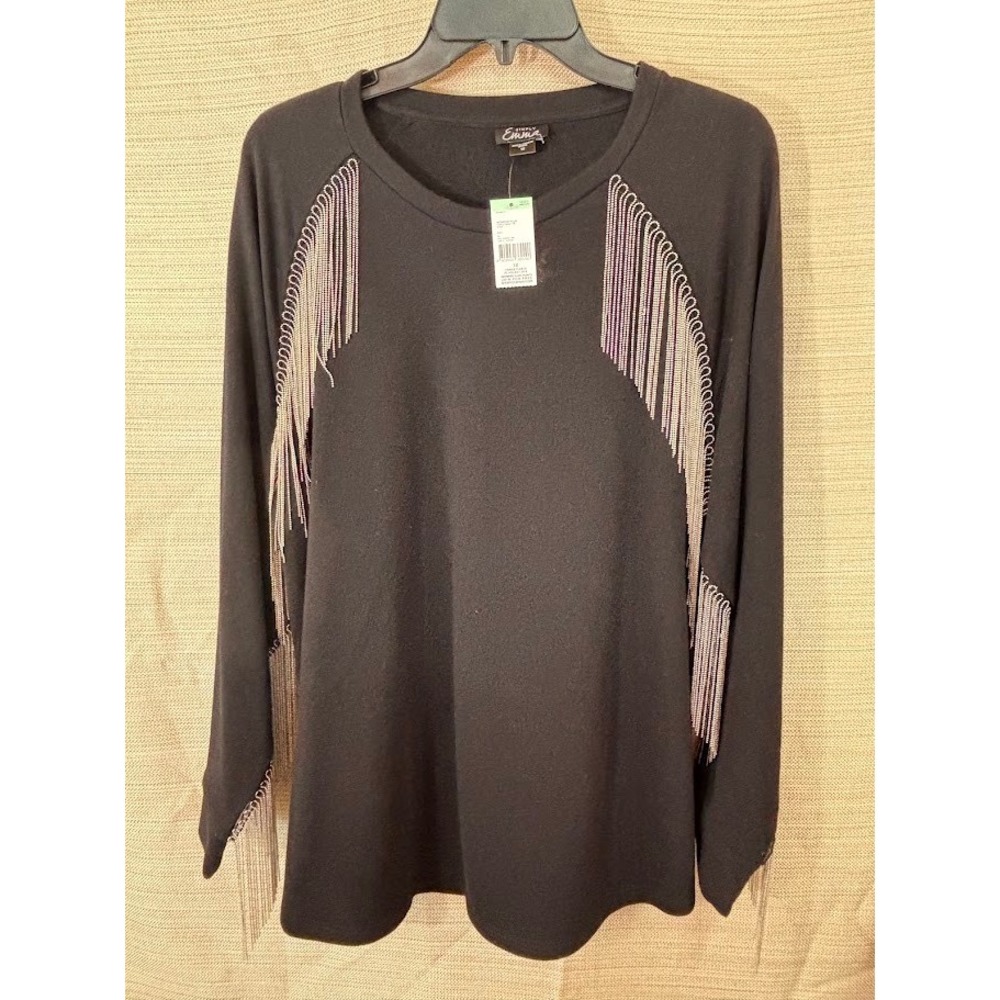 Simply Emma Womens Plus 1X Black Fleece Chain Fringe Raglan Sweatshirt Top NEW